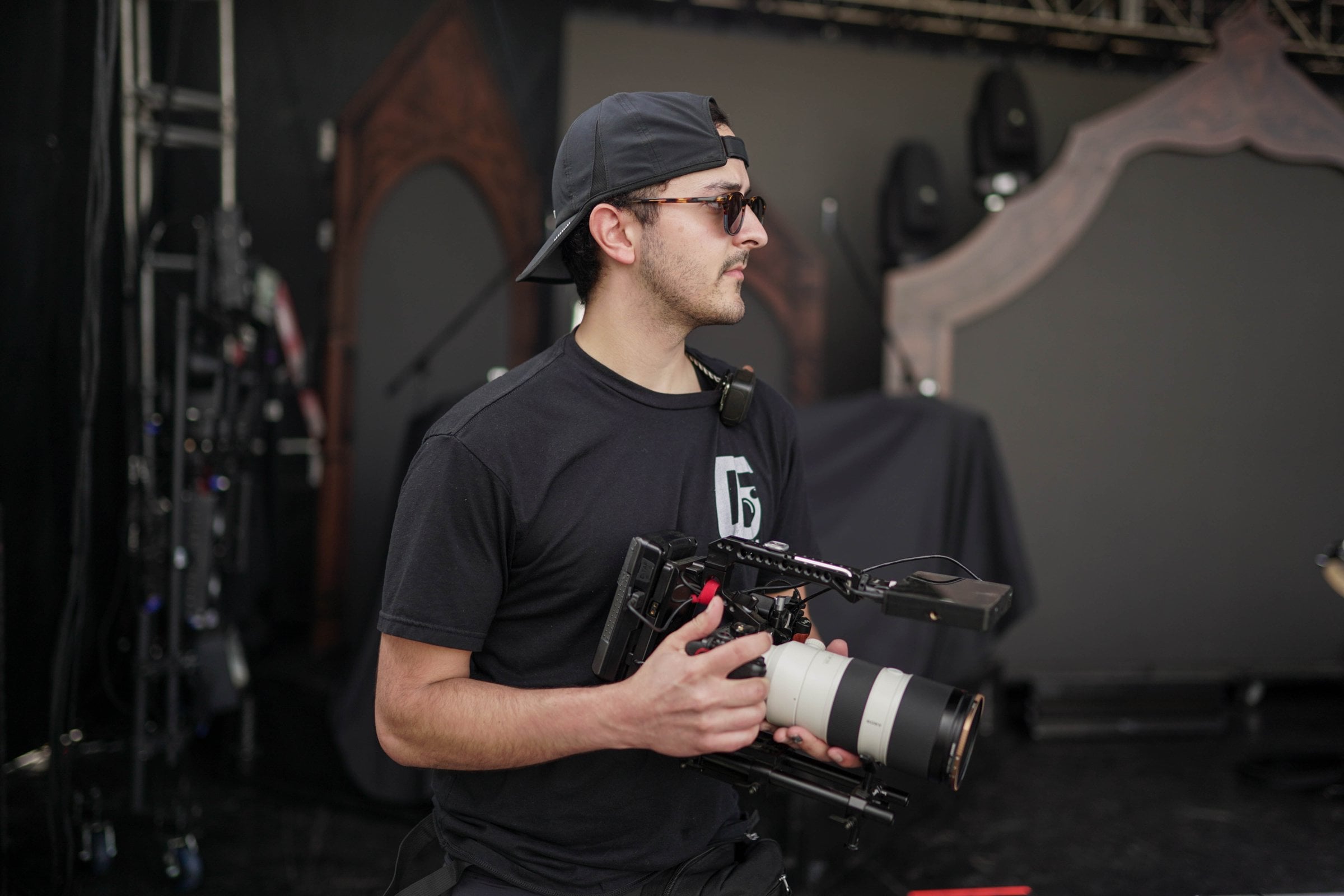 Ingram Hodges of Q6 Media on set with the stage rig